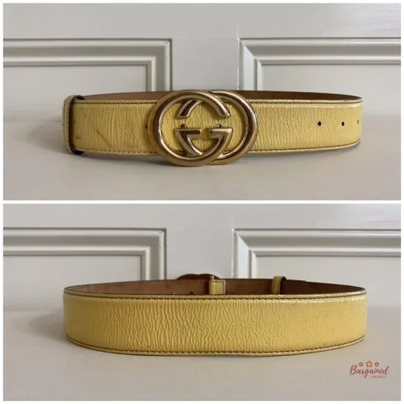 Authentic Gucci Yellow Patent Leather Gold Interlocking G Buckle Belt 85/34